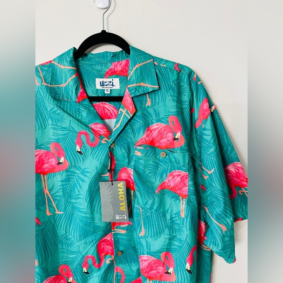 Vibrant Pink Flamingo Wooden Button Down Shirt By Uzzi Size XL - Picture 6 of 6